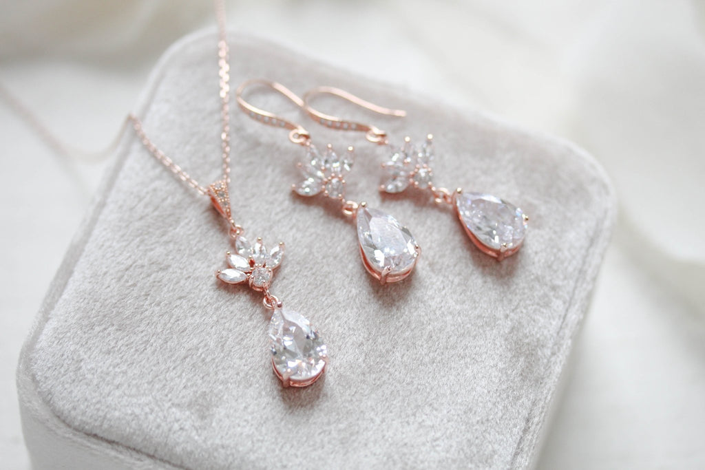 Simple rose gold cubic zirconia Bridal jewelry set - EMMA - Treasures by Agnes