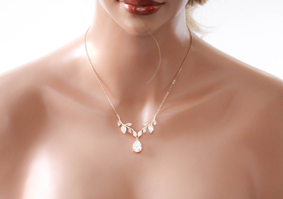 Simple rose gold cubic zirconia bridal necklace - APRILLE - Treasures by Agnes