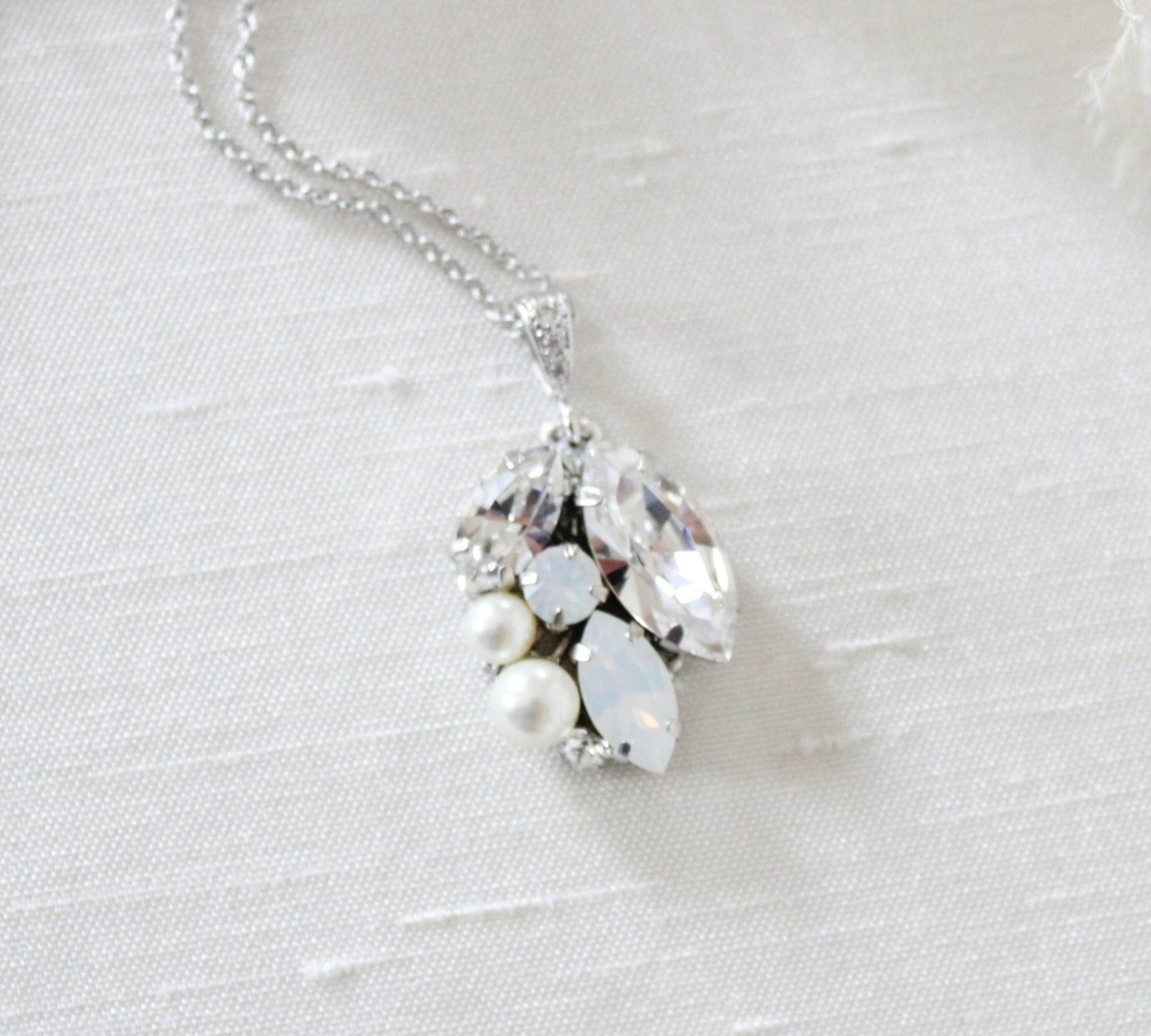 Simple white opal crystal and pearl Bridal necklace - BRIAR