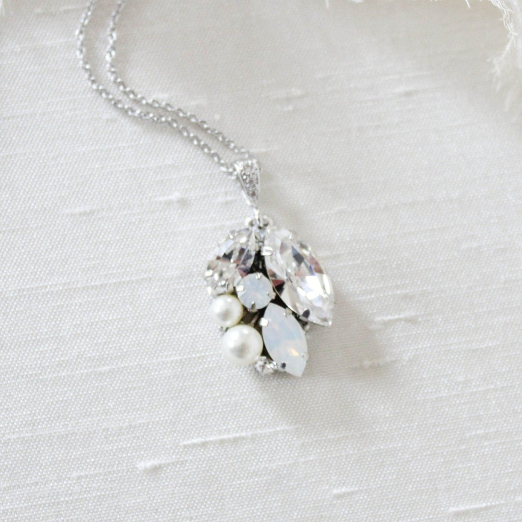 Simple white opal crystal and pearl Bridal necklace - BRIAR