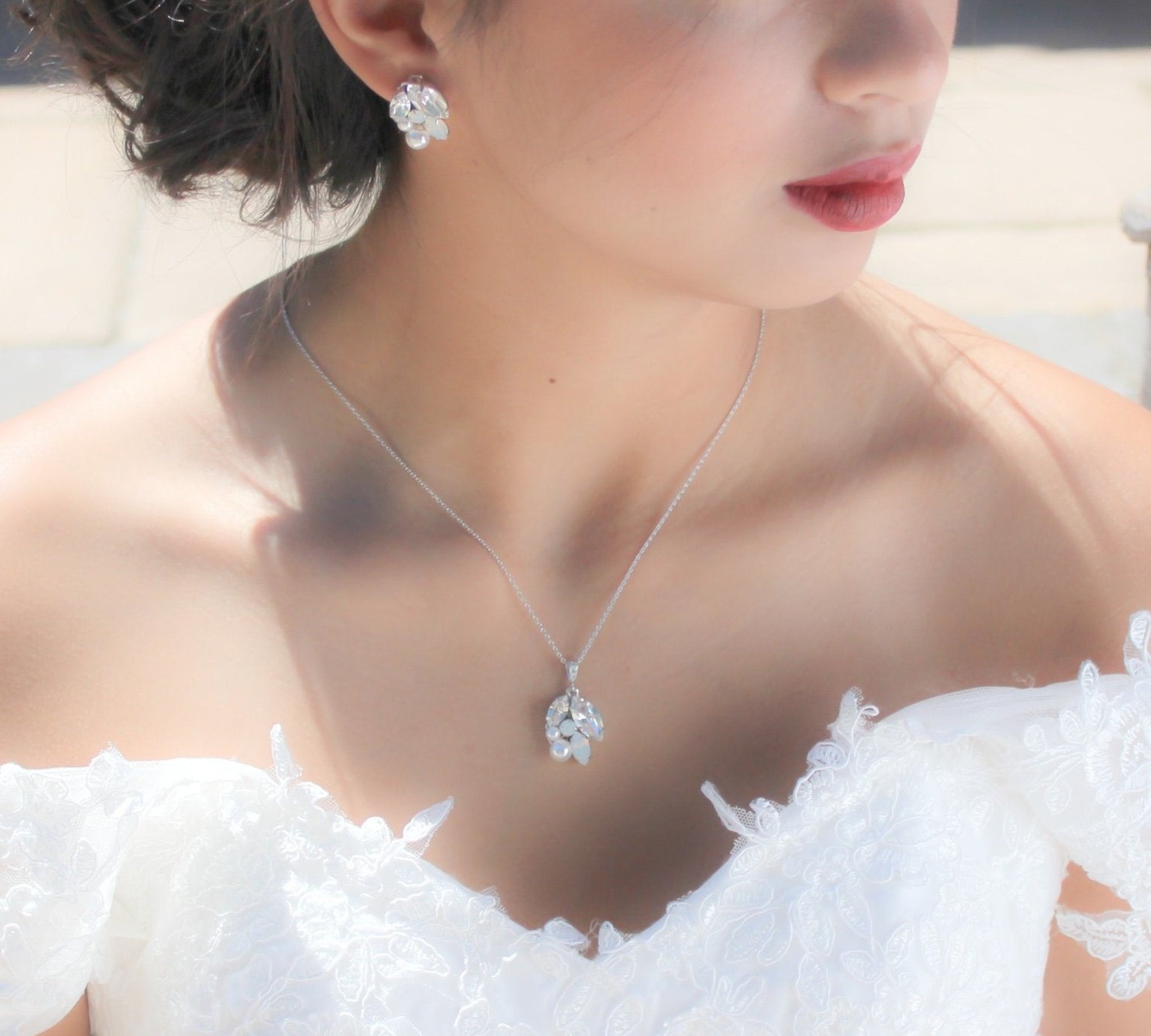 Simple white opal crystal and pearl Bridal necklace - BRIAR