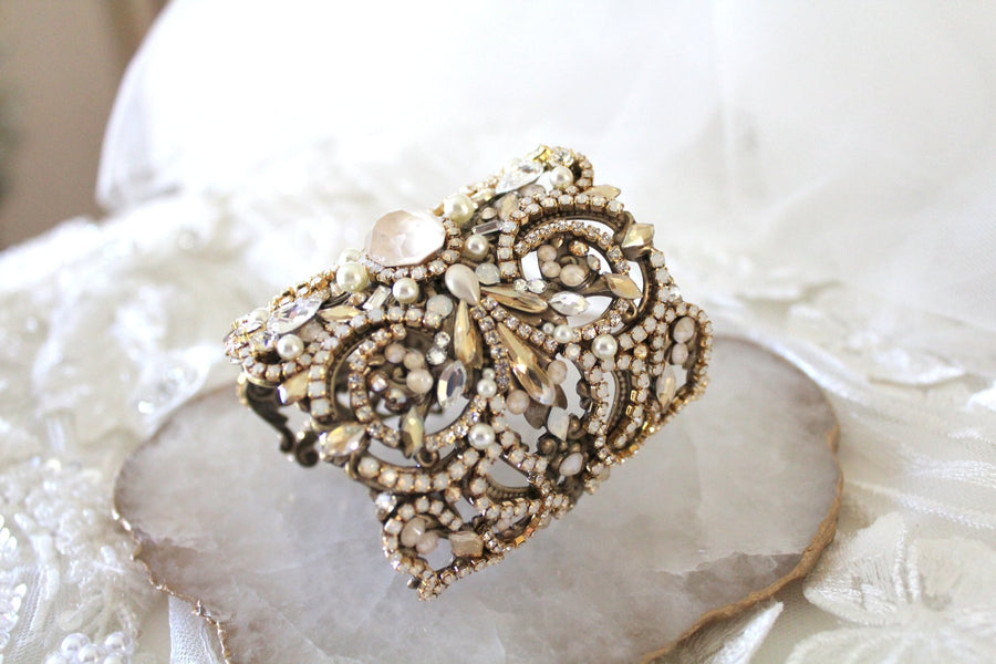 Statement Wedding cuff bracelet with Austrian crystals - RAYNE - Treasures by Agnes