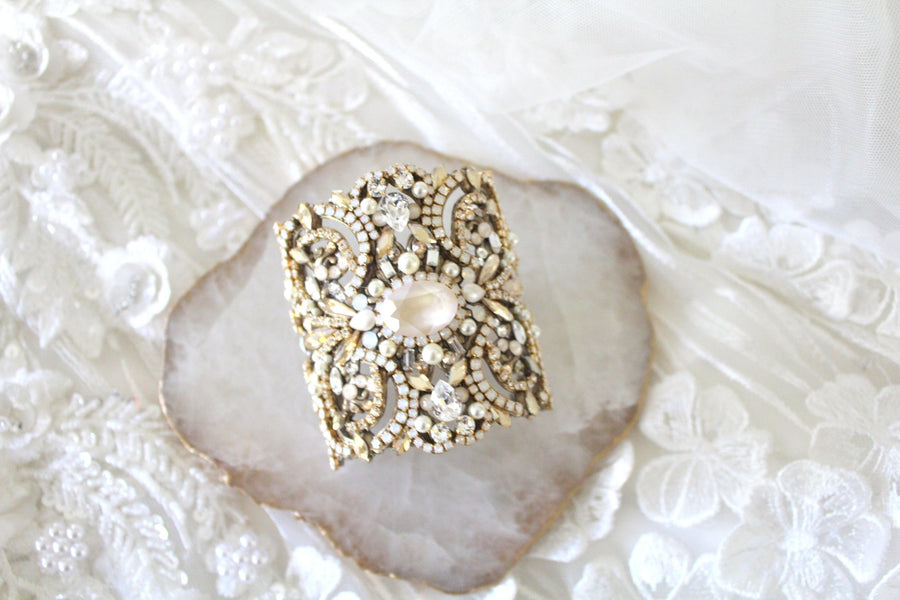 Statement Wedding cuff bracelet with Austrian crystals - RAYNE - Treasures by Agnes