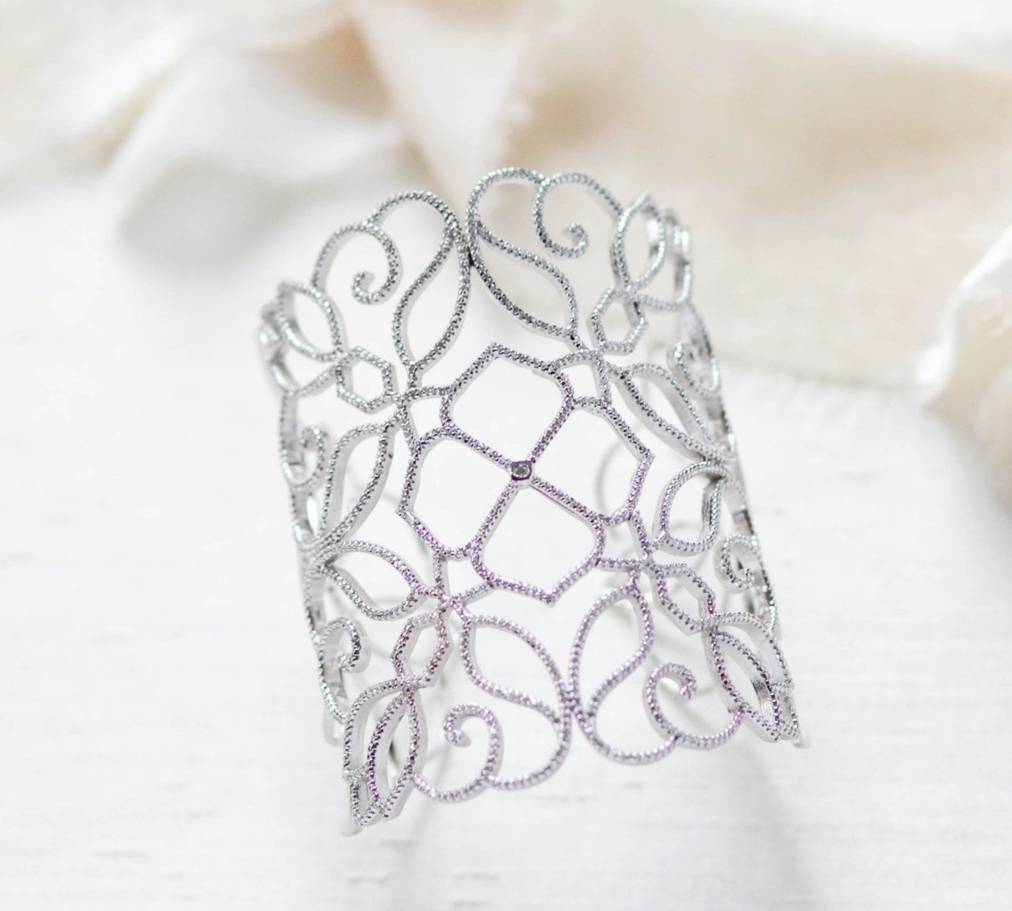 Sterling silver Bridal Statement Cuff Bracelet with Cubic Zirconia stones - Treasures by Agnes