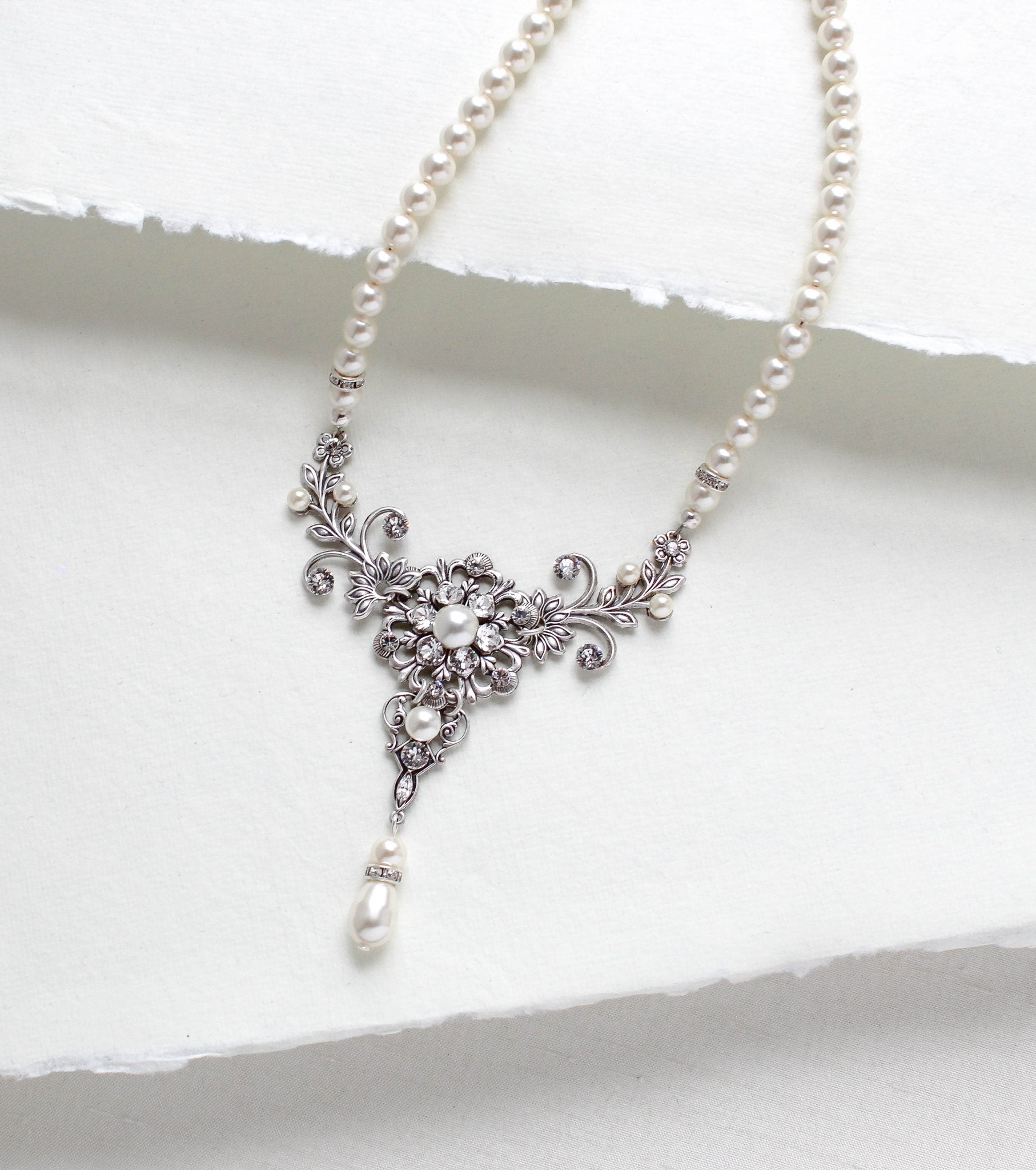 Vintage style antique silver pearl wedding necklace - Treasures by Agnes