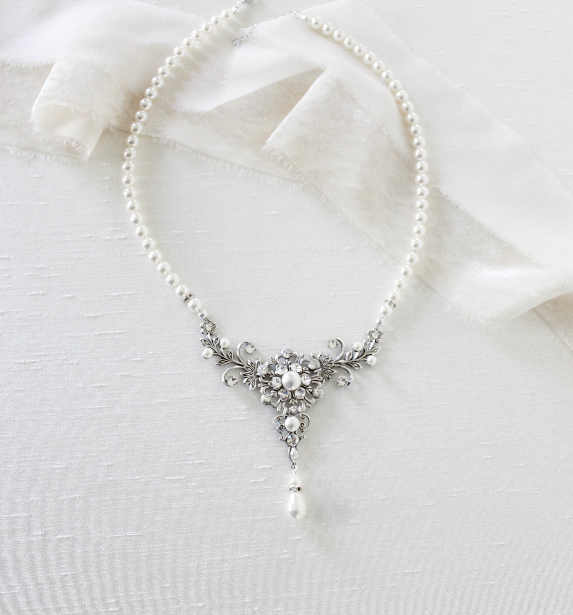 Vintage style antique silver pearl wedding necklace - Treasures by Agnes