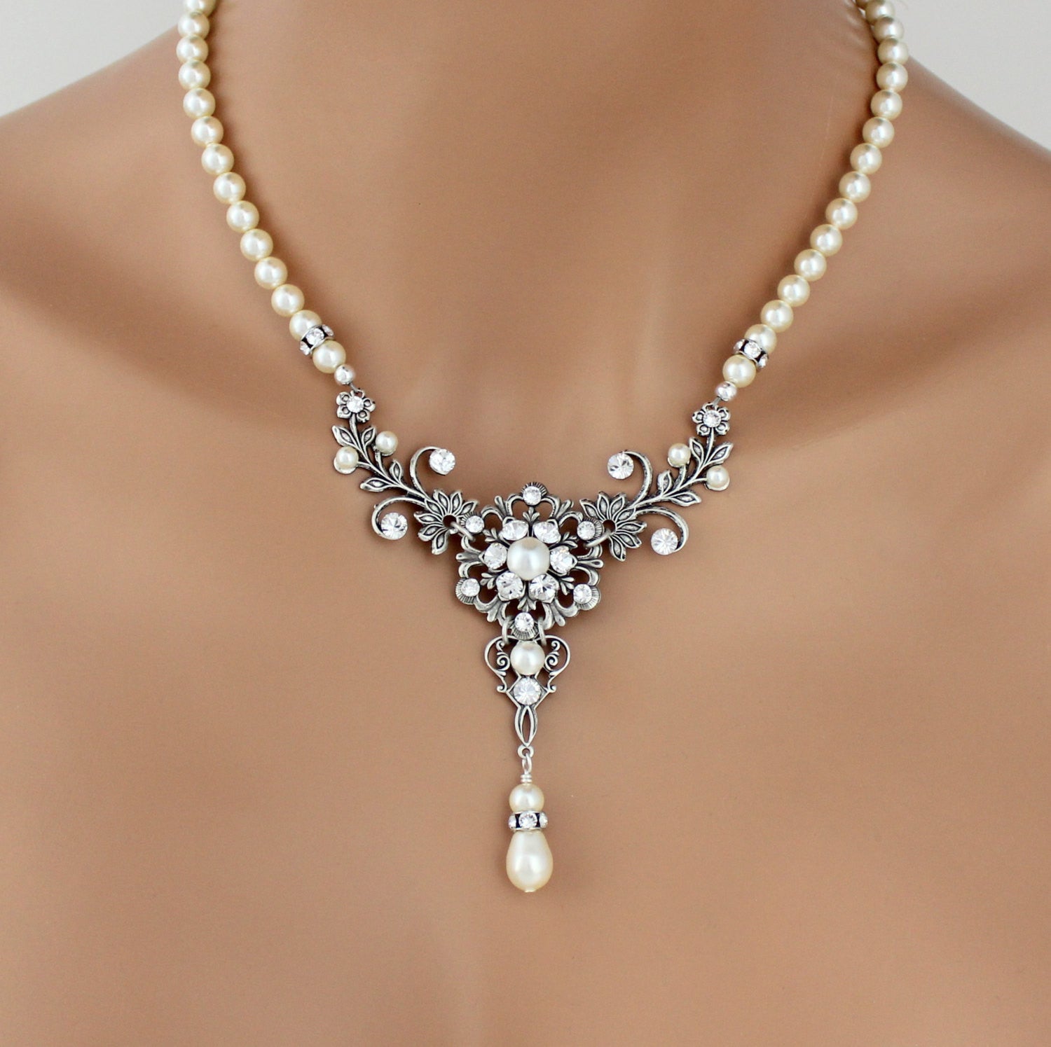 Vintage style antique silver pearl wedding necklace - Treasures by Agnes