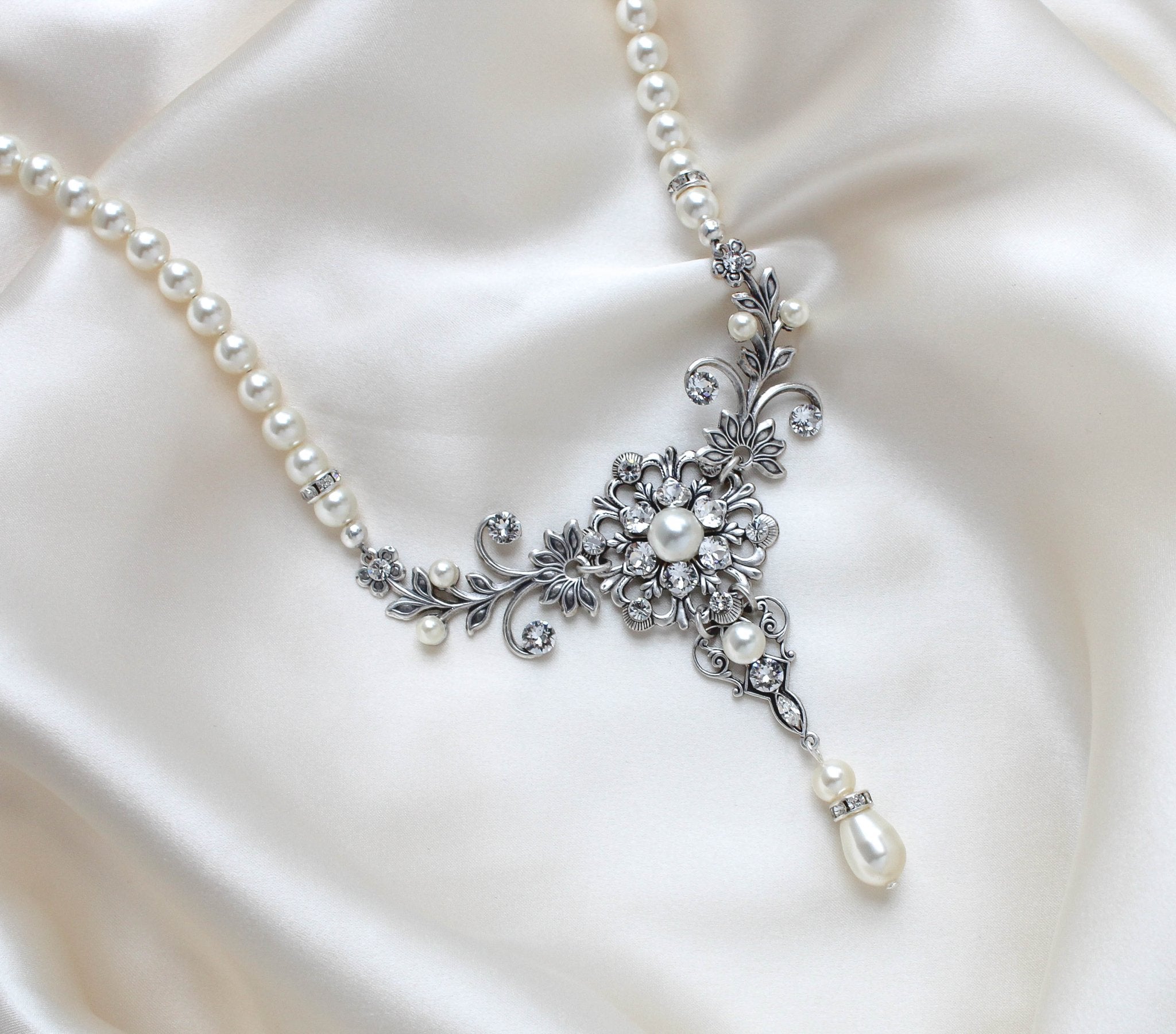Vintage style antique silver pearl wedding necklace - Treasures by Agnes