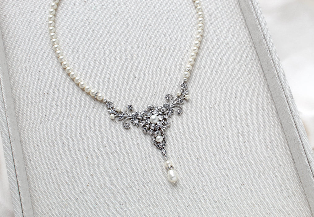 Vintage style antique silver pearl wedding necklace - Treasures by Agnes