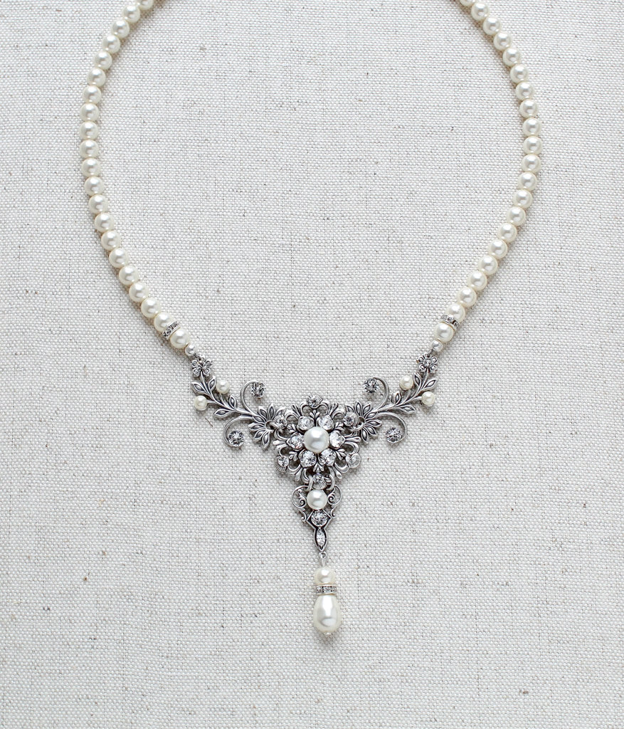 Vintage style antique silver pearl wedding necklace - Treasures by Agnes