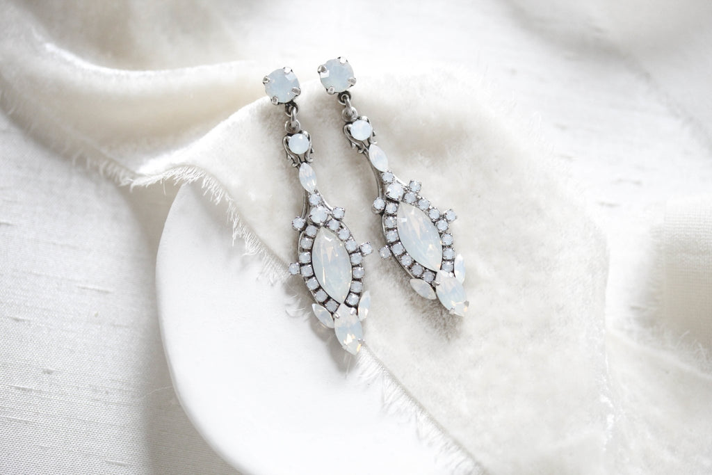Vintage style bridal earrings with white opal crystals - ROSALIE - Treasures by Agnes
