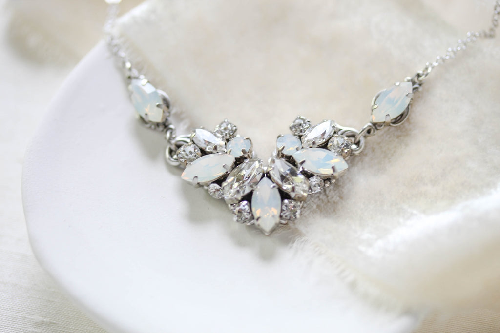 Vintage style white opal Crystal Bridal necklace CELINE