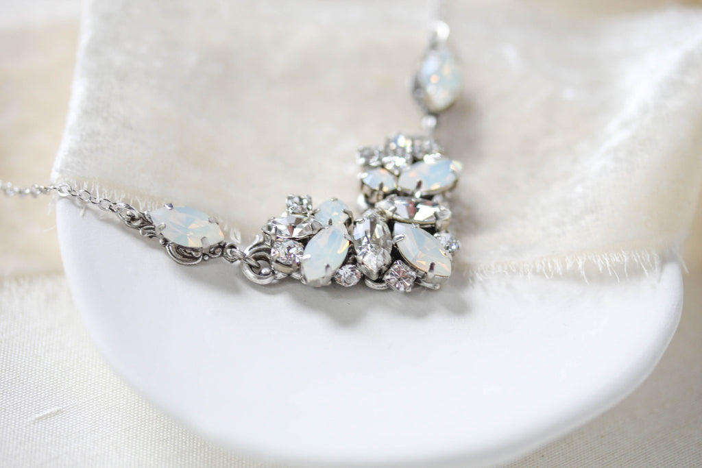 Vintage style white opal Crystal Bridal necklace - CELINE - Treasures by Agnes
