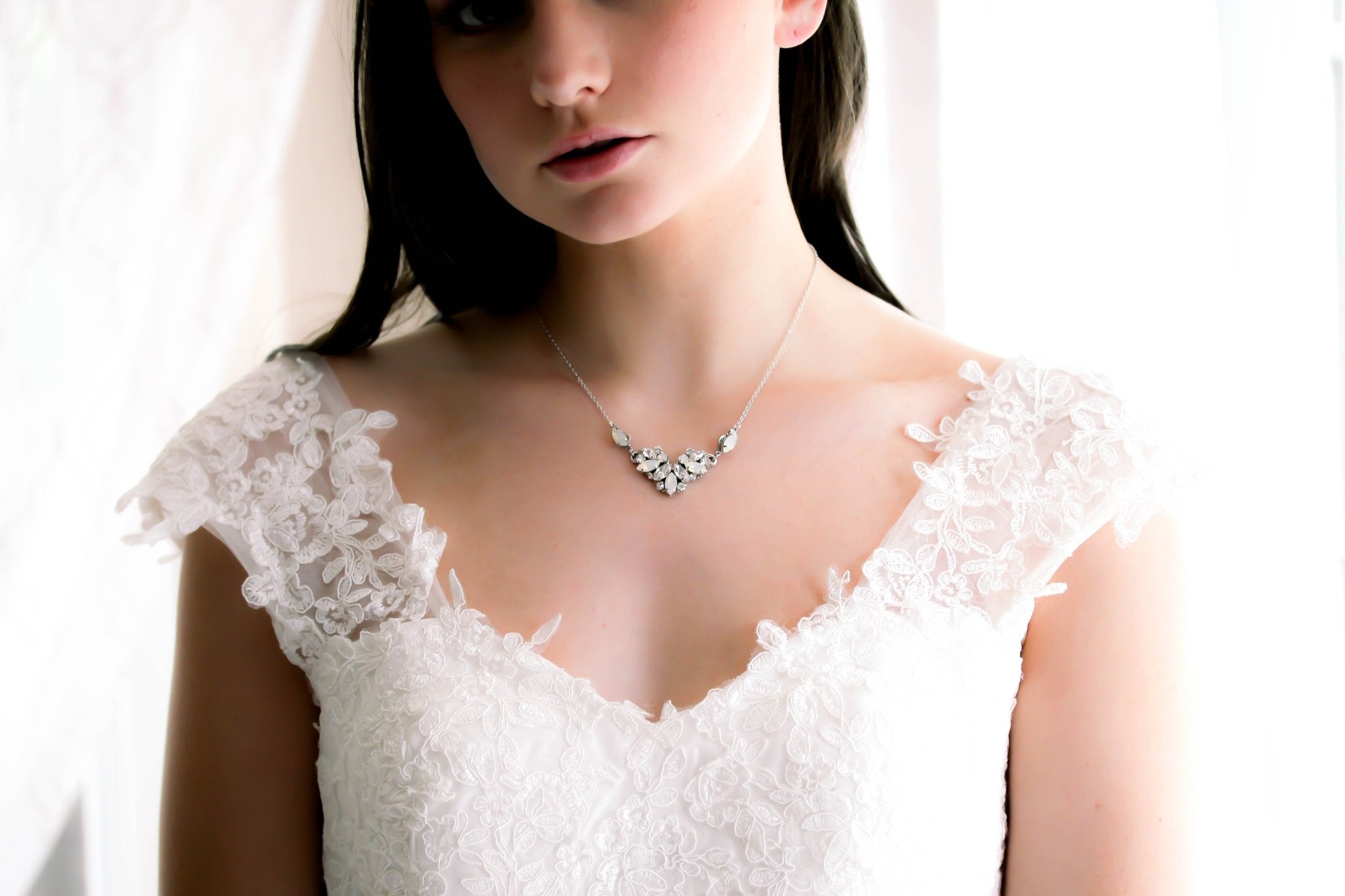 Vintage style white opal Crystal Bridal necklace - CELINE - Treasures by Agnes