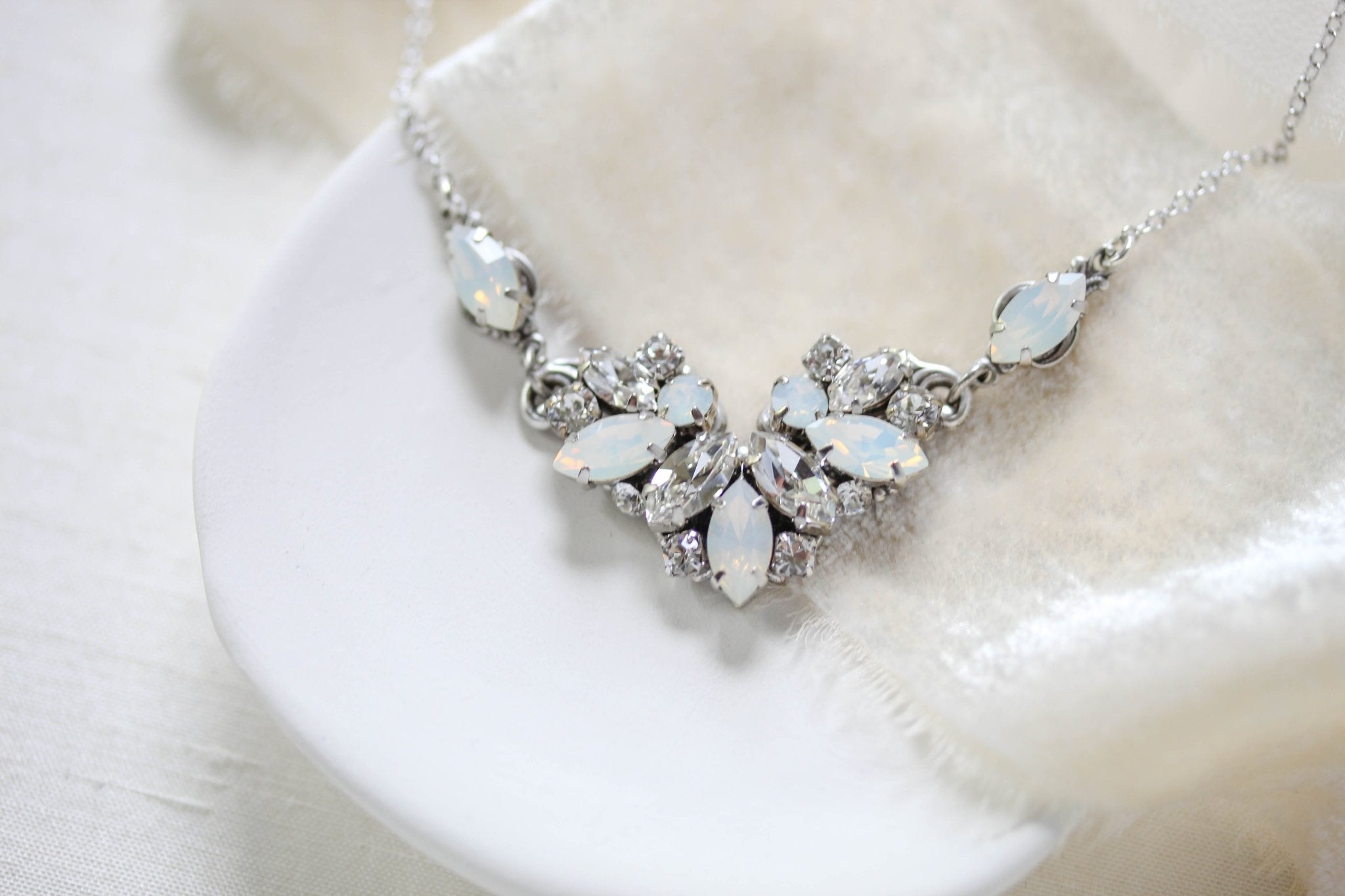 Vintage style white opal Crystal Bridal necklace - CELINE - Treasures by Agnes