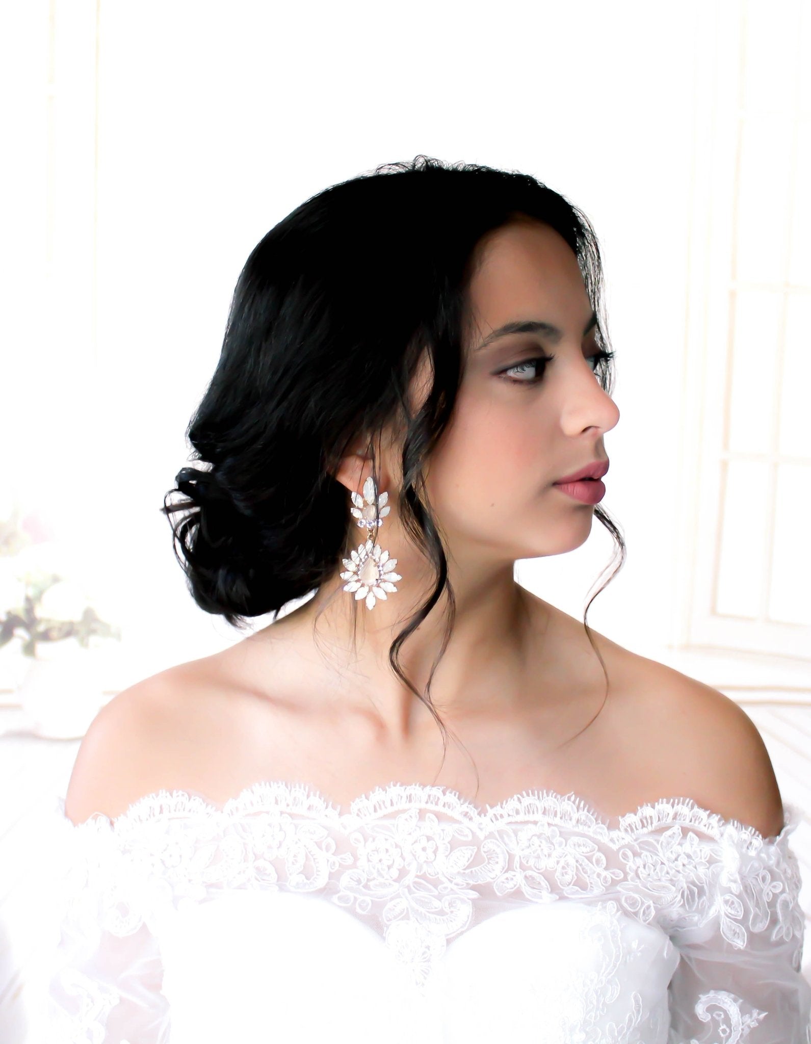White opal and ivory cream bridal chandelier earrings - ADALINE - Treasures by Agnes