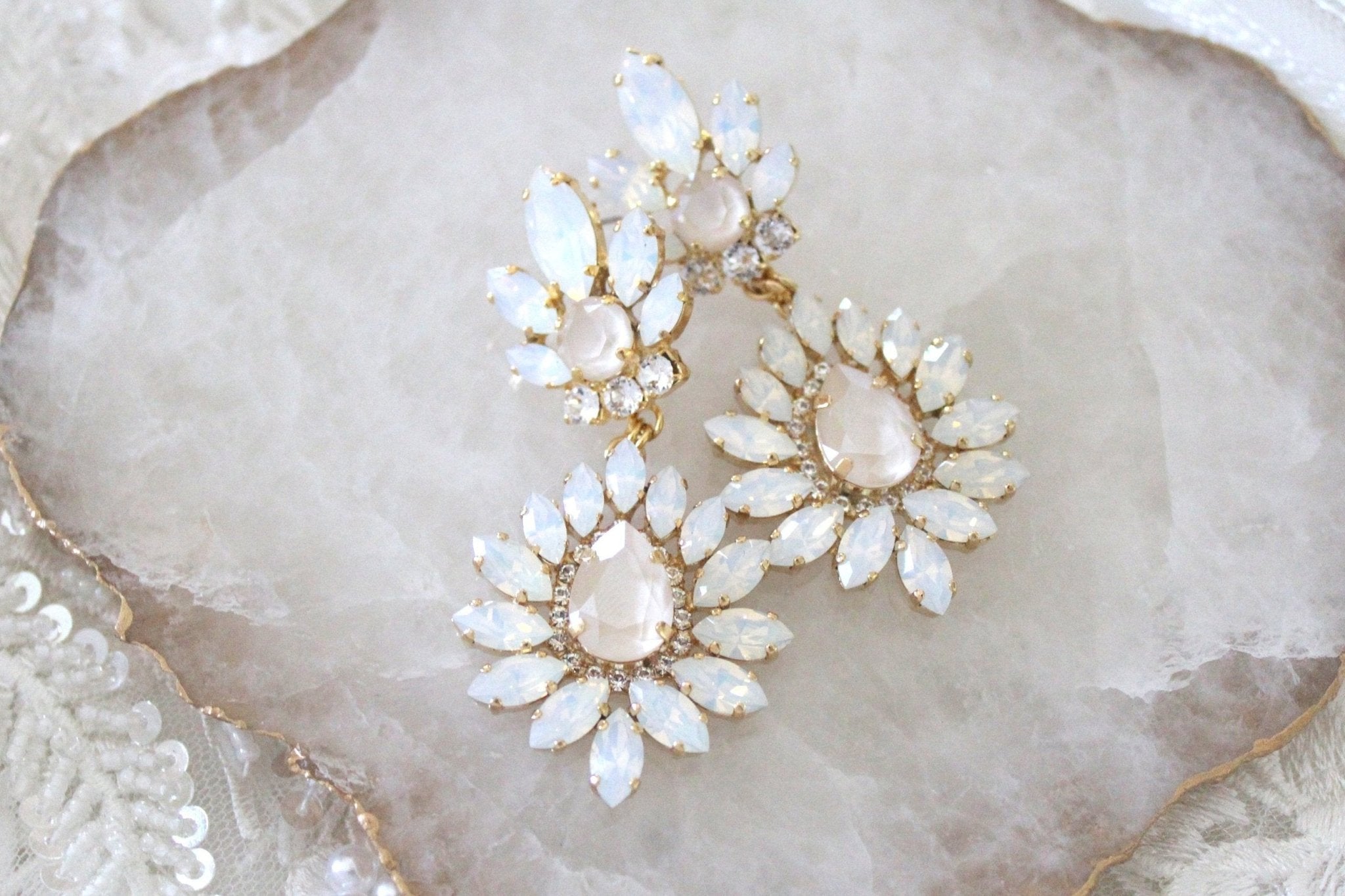 White opal and ivory cream bridal chandelier earrings - ADALINE - Treasures by Agnes