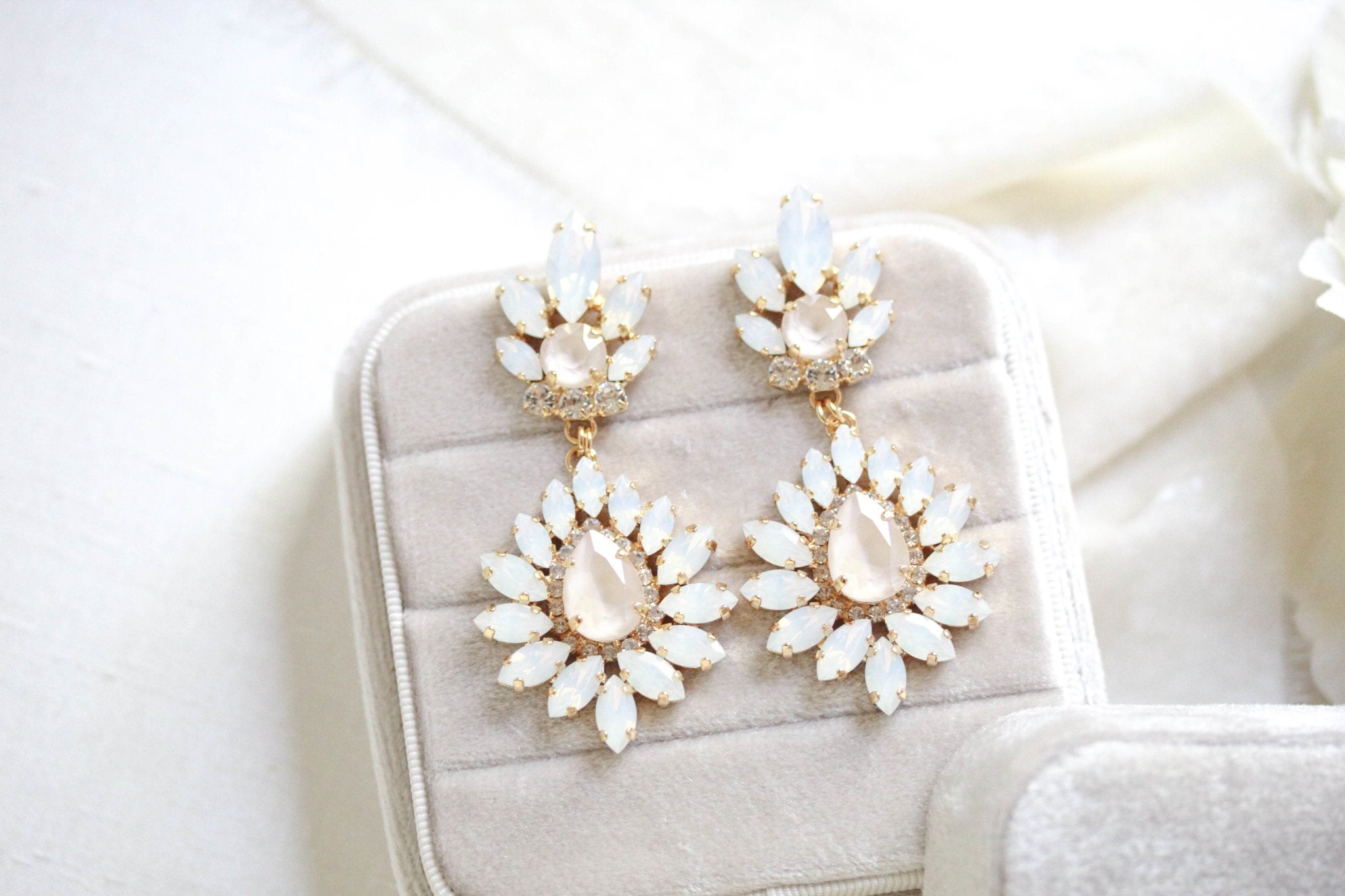 White opal and ivory cream bridal chandelier earrings - ADALINE - Treasures by Agnes