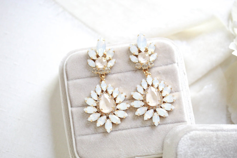 White opal and ivory cream bridal chandelier earrings - ADALINE - Treasures by Agnes