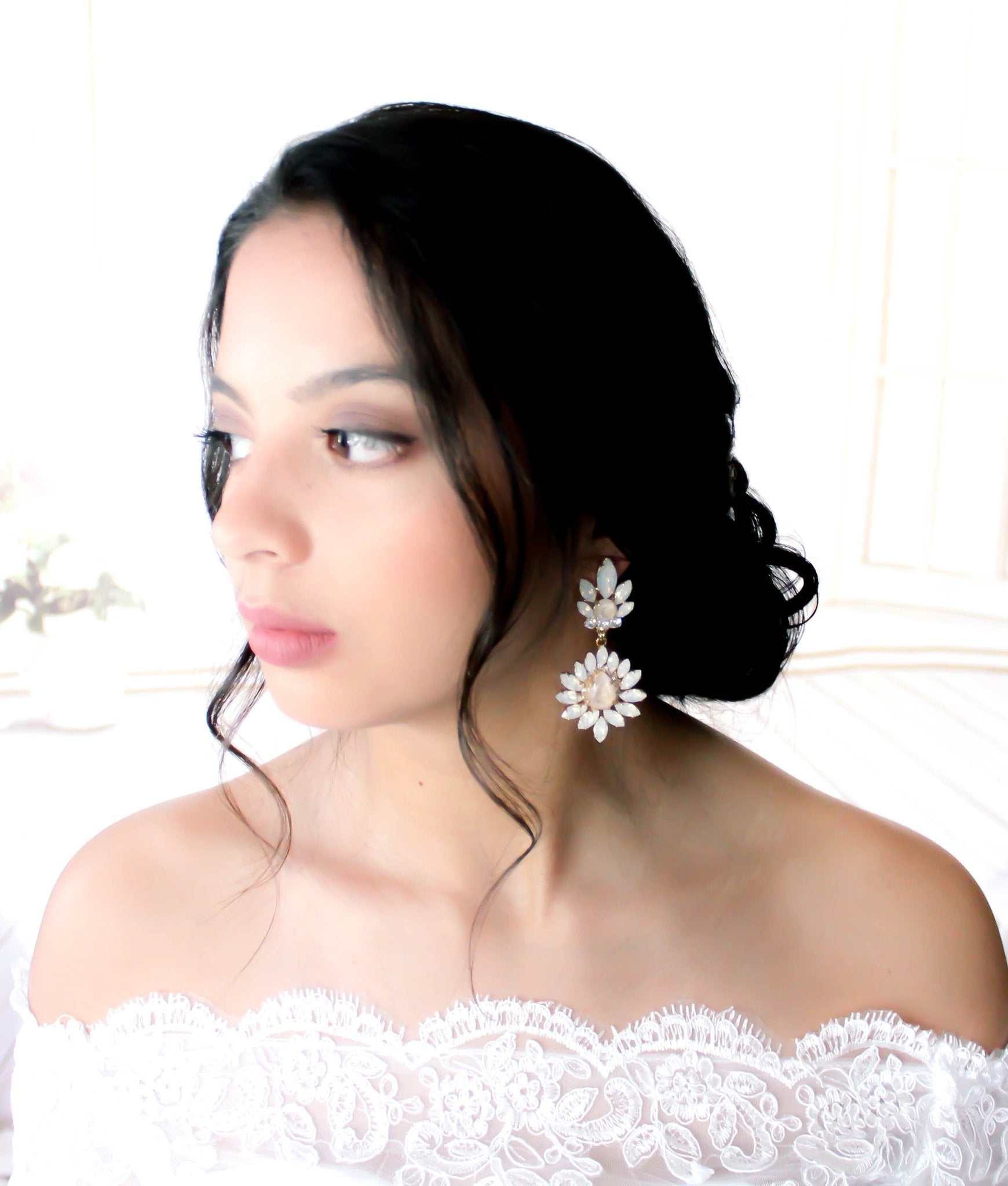 White opal and ivory cream bridal chandelier earrings - ADALINE - Treasures by Agnes