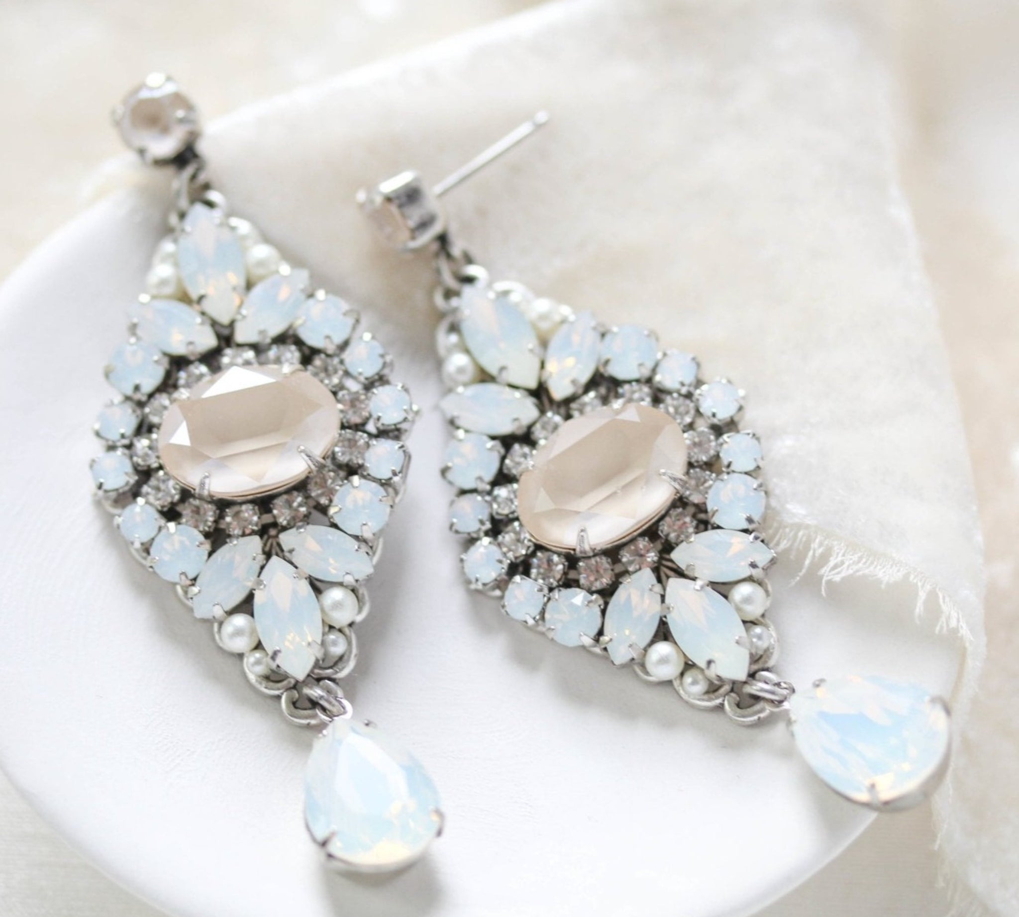 White opal and ivory cream vintage style crystal bridal earrings- MONIQUE - Treasures by Agnes