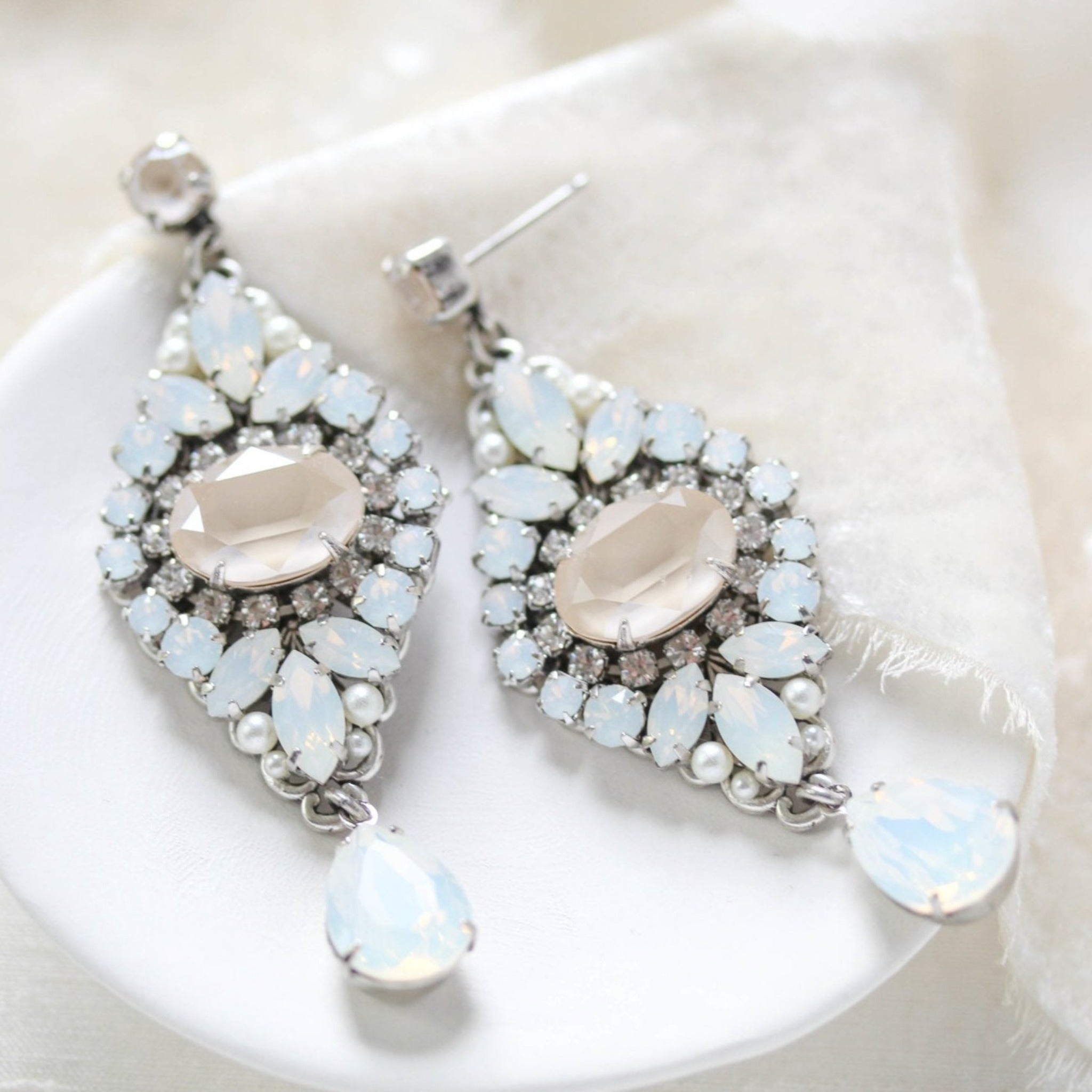 White opal and ivory cream vintage style crystal bridal earrings- MONIQUE - Treasures by Agnes