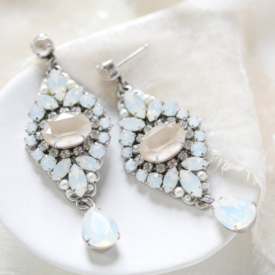 White opal and ivory cream vintage style crystal bridal earrings- MONIQUE - Treasures by Agnes