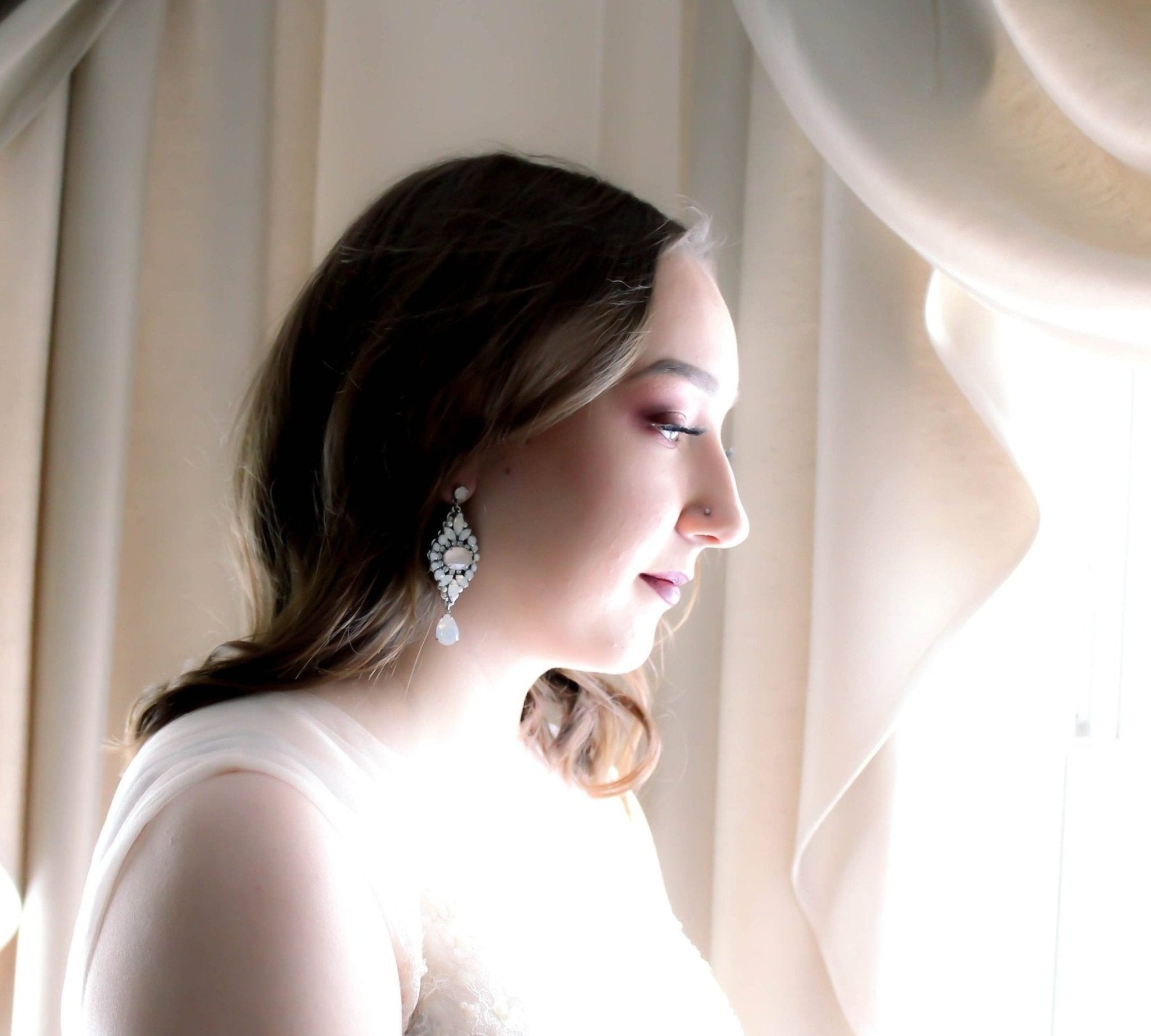 White opal and ivory cream vintage style crystal bridal earrings- MONIQUE - Treasures by Agnes
