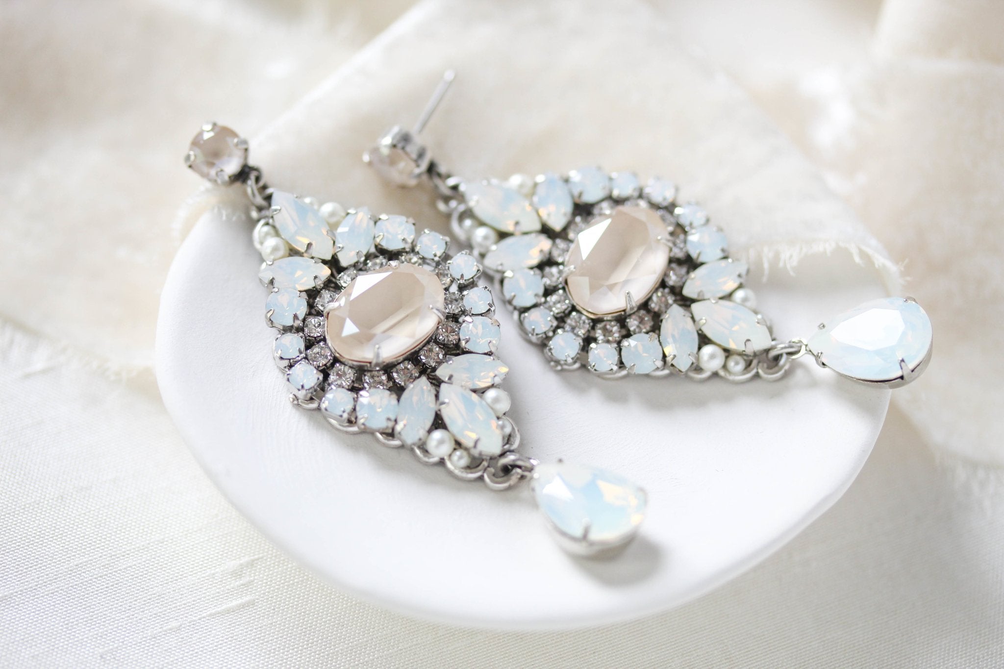 White opal and ivory cream vintage style crystal bridal earrings- MONIQUE - Treasures by Agnes