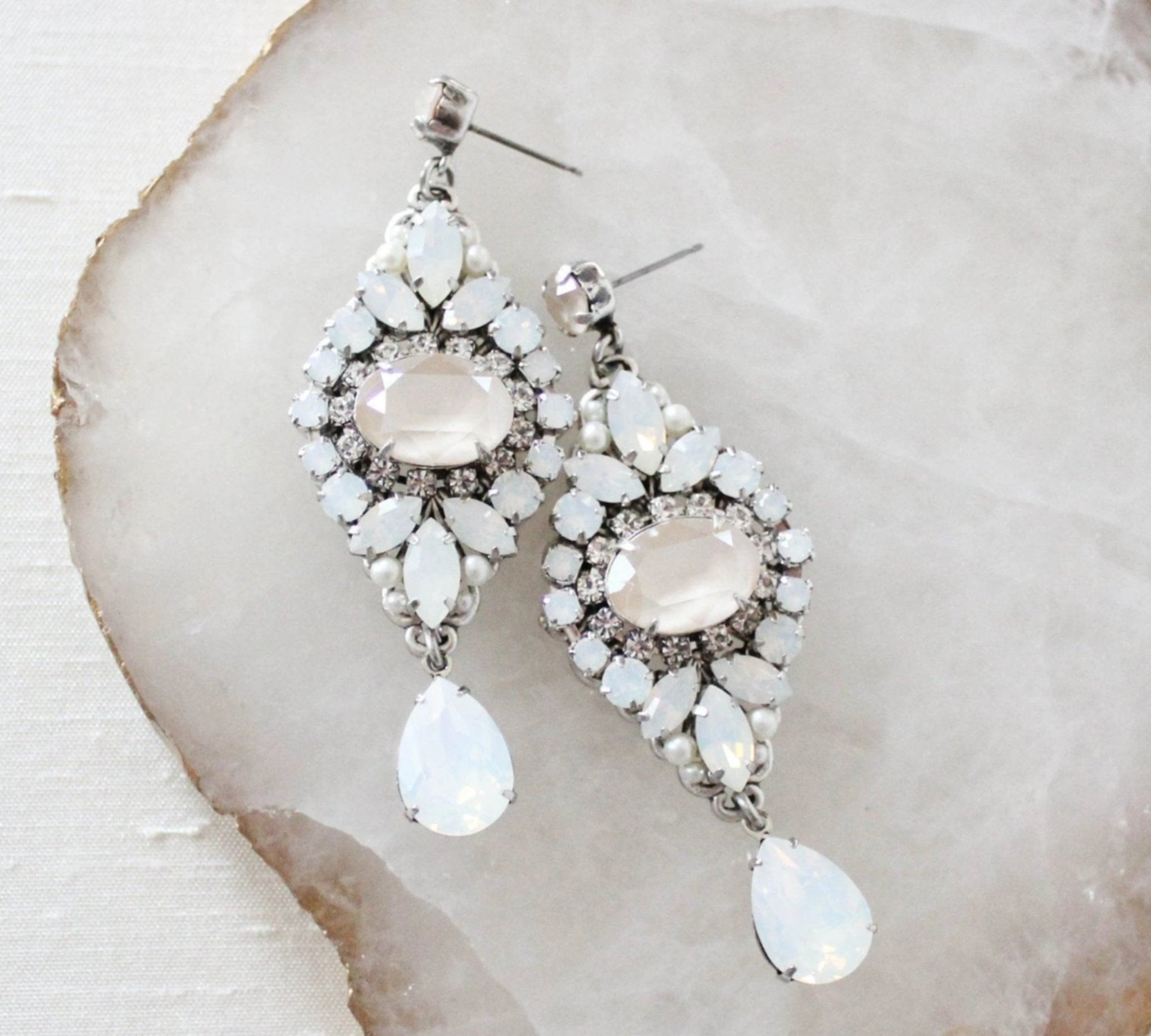 White opal and ivory cream vintage style crystal bridal earrings- MONIQUE - Treasures by Agnes
