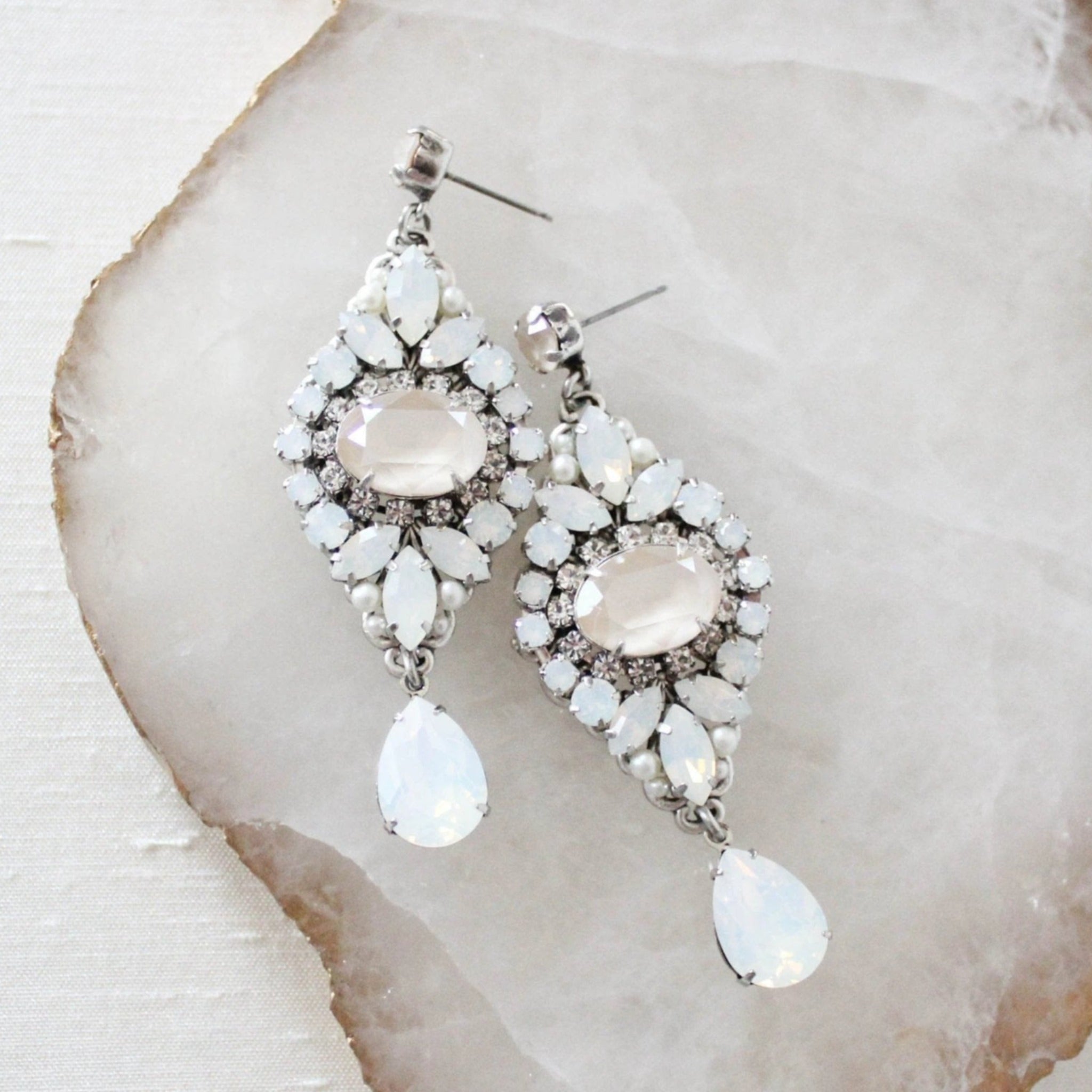 White opal and ivory cream vintage style crystal bridal earrings- MONIQUE - Treasures by Agnes