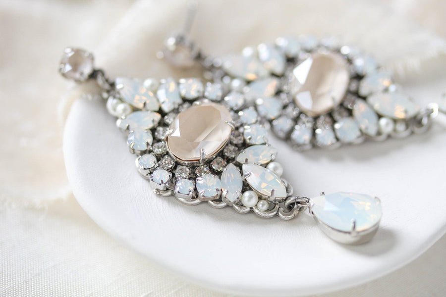 White opal and ivory cream vintage style crystal bridal earrings- MONIQUE - Treasures by Agnes