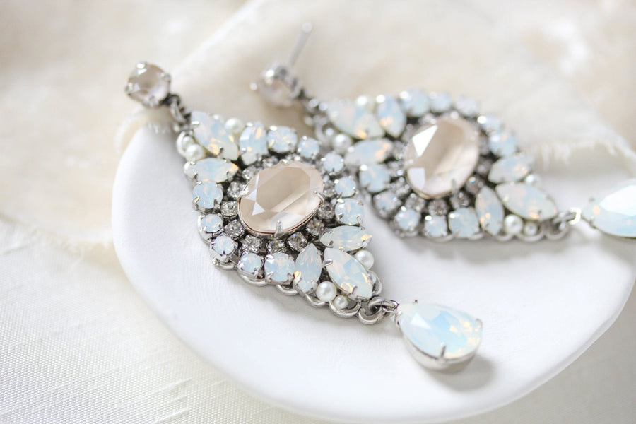 White opal and ivory cream vintage style crystal bridal earrings- MONIQUE - Treasures by Agnes
