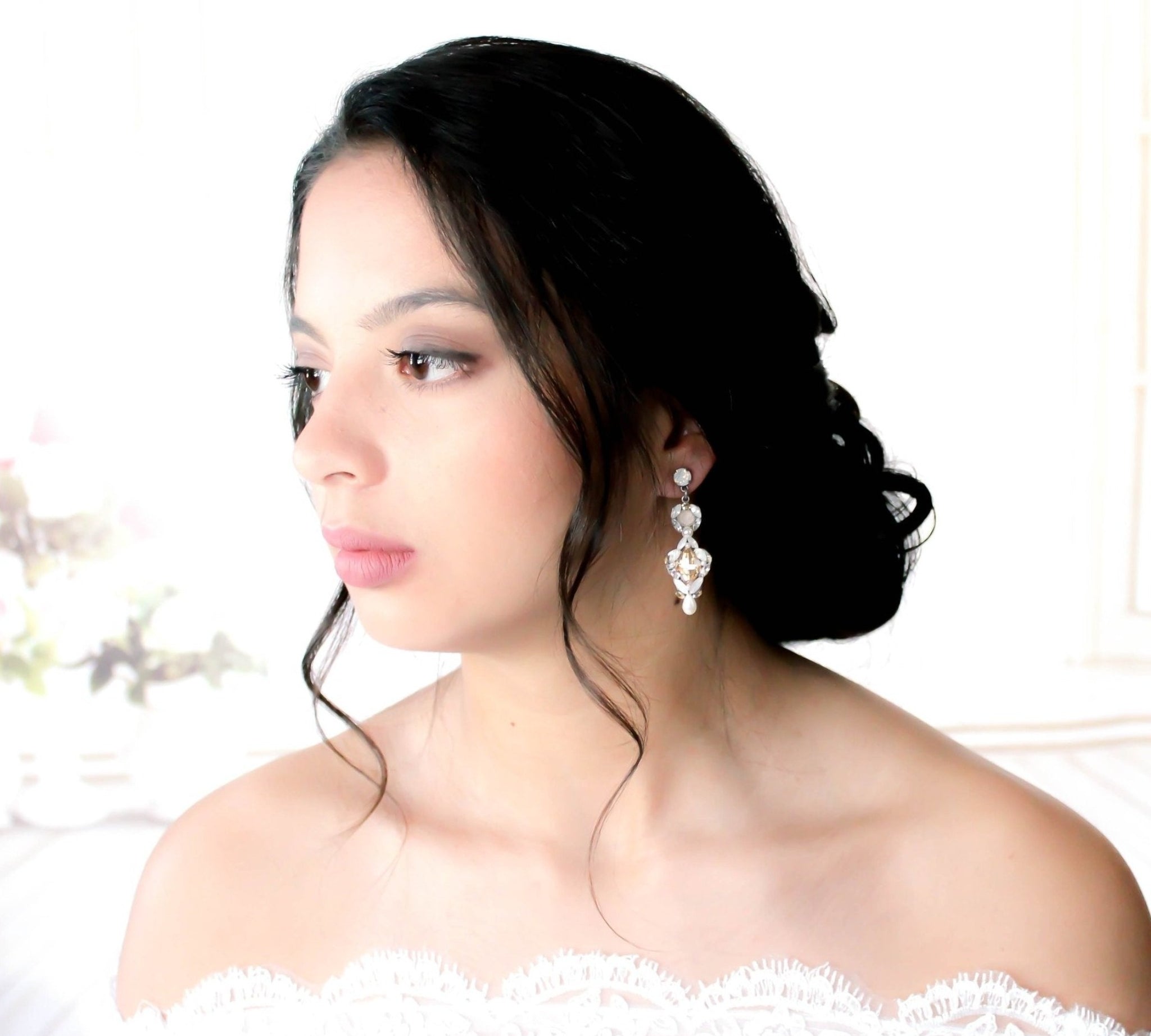 White opal Crystal Bridal earrings - ALEXIS - Treasures by Agnes