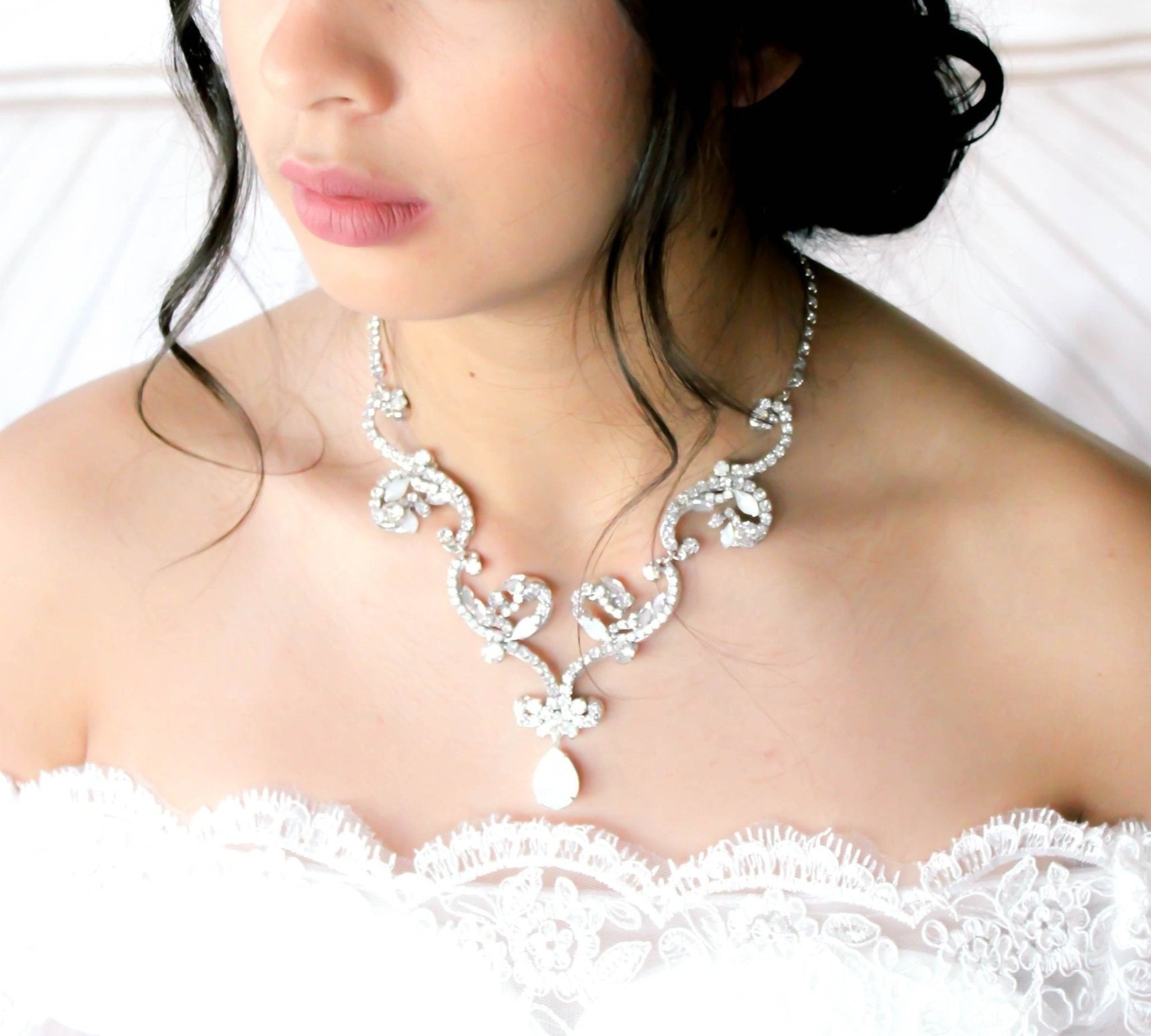 White opal crystal Bridal statement necklace - CATALINA - Treasures by Agnes