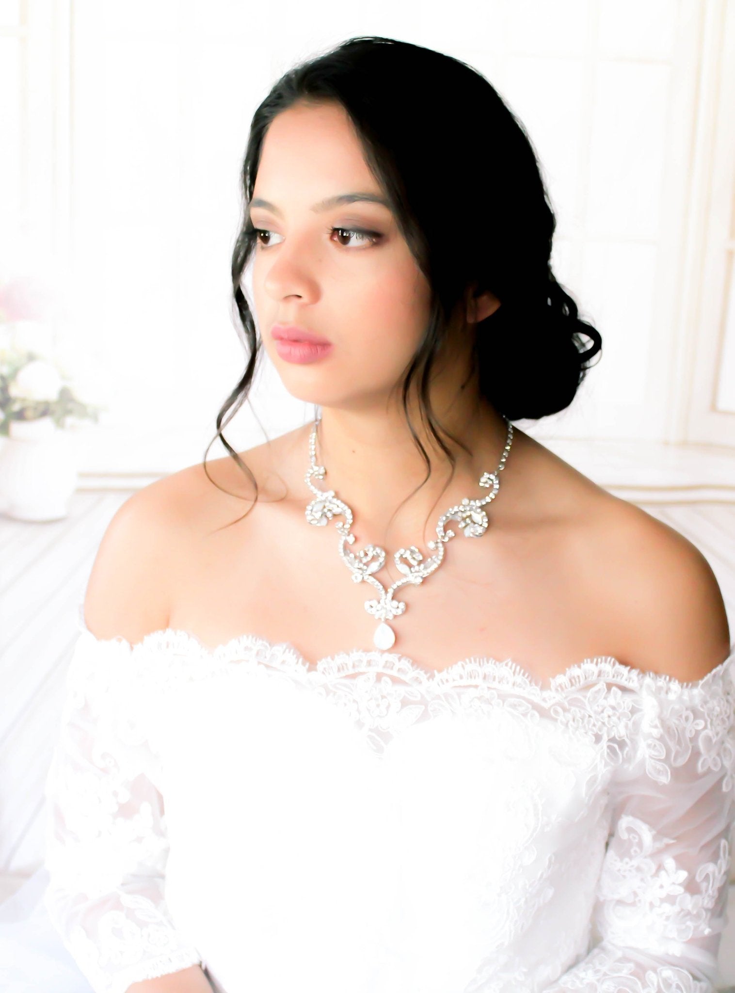 White opal crystal Bridal statement necklace - CATALINA - Treasures by Agnes