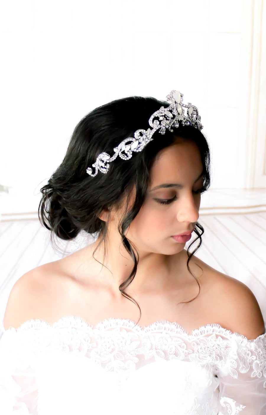 White opal Crystal Bridal tiara crown - CATALINA - Treasures by Agnes