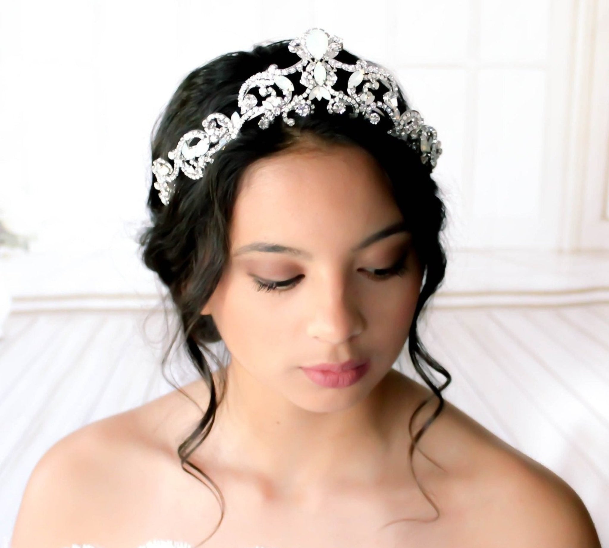 White opal Crystal Bridal tiara crown - CATALINA - Treasures by Agnes