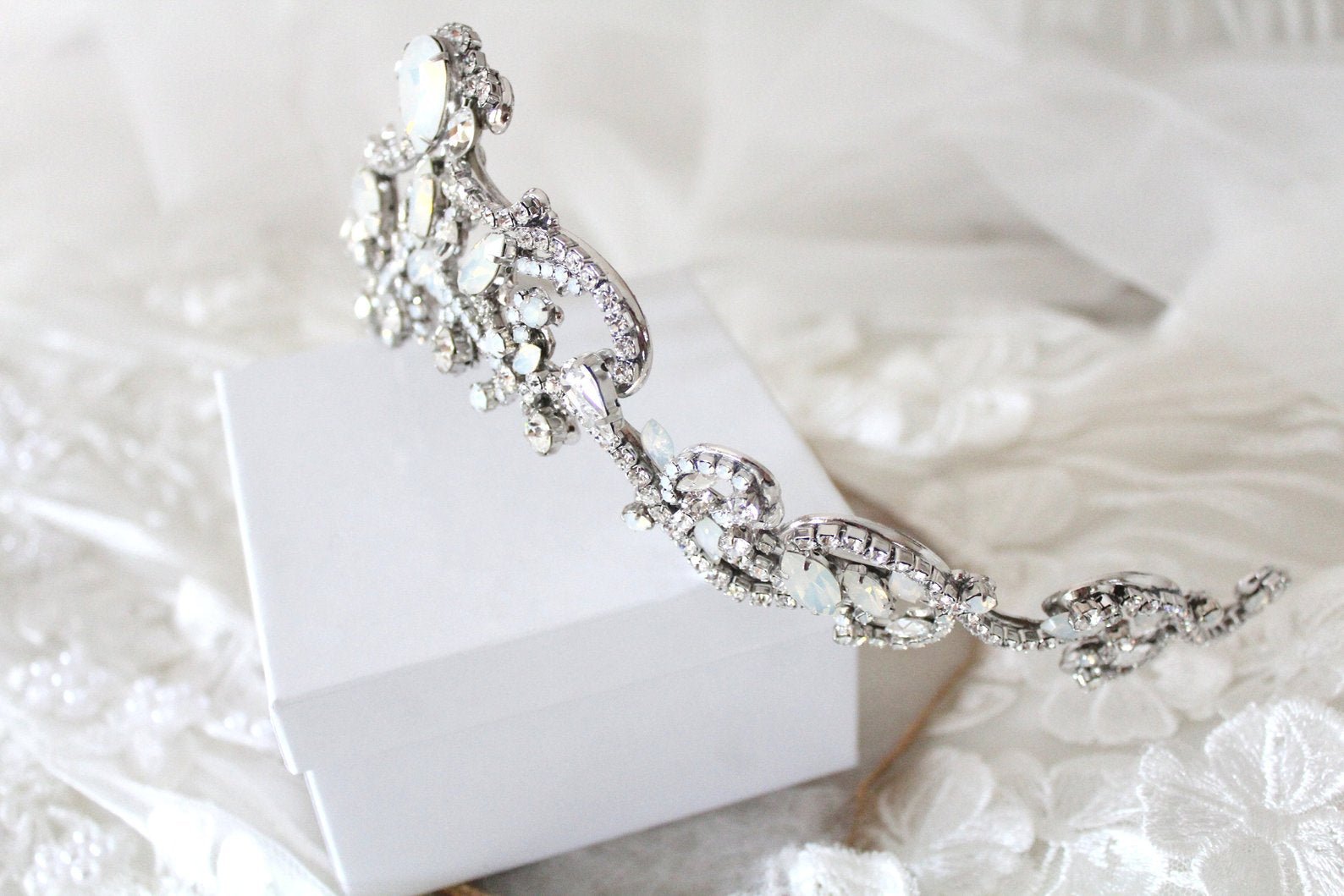 White opal Crystal Bridal tiara crown - CATALINA - Treasures by Agnes