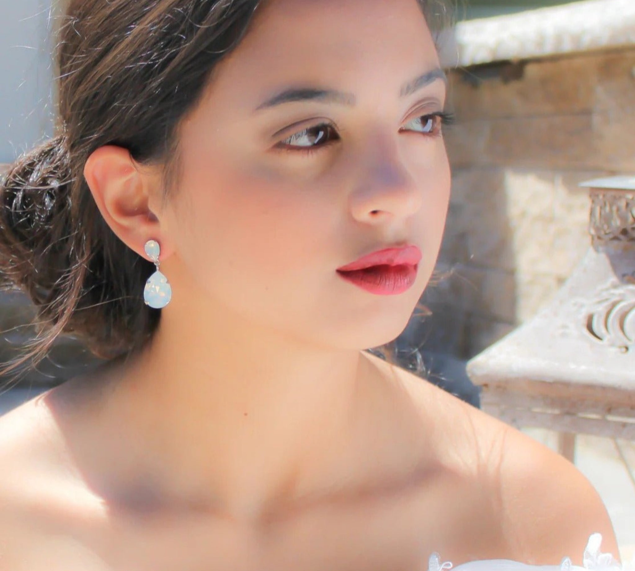 White opal crystal tear drop bridal earrings- BETHANY - Treasures by Agnes