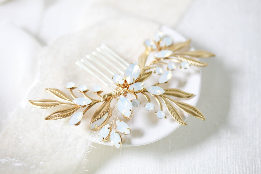 White opal crystal wedding hair piece- LAINA - Treasures by Agnes