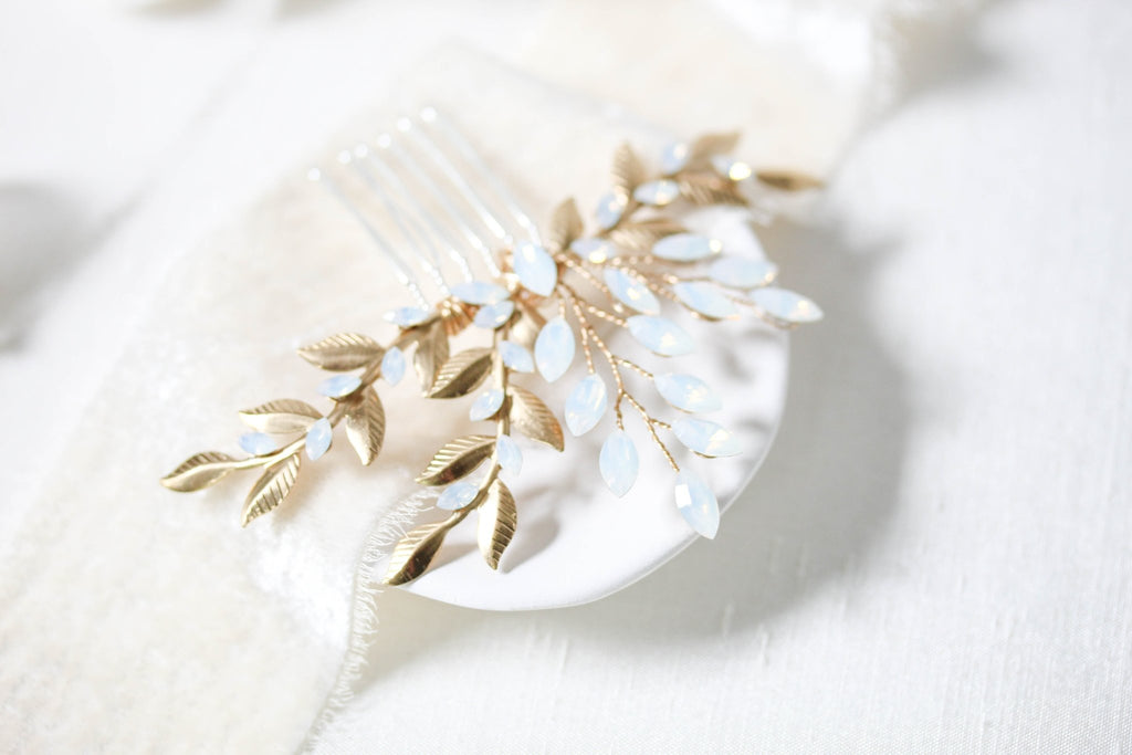 White opal leaf bridal hair comb- TAMARA - Treasures by Agnes