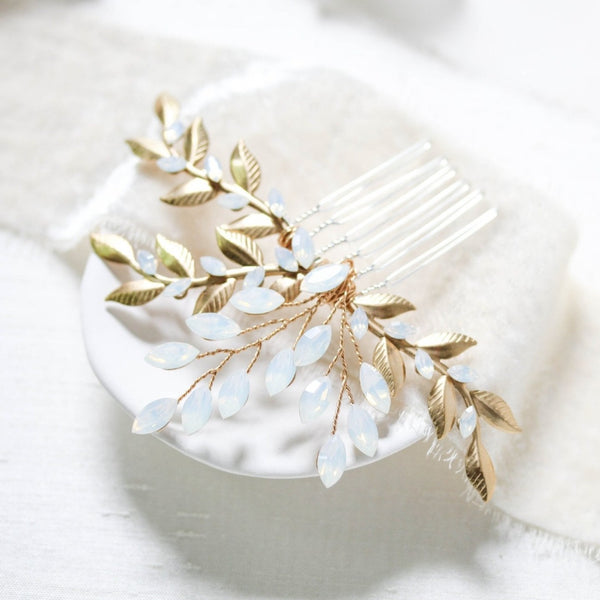 White opal leaf bridal hair comb- TAMARA - Treasures by Agnes