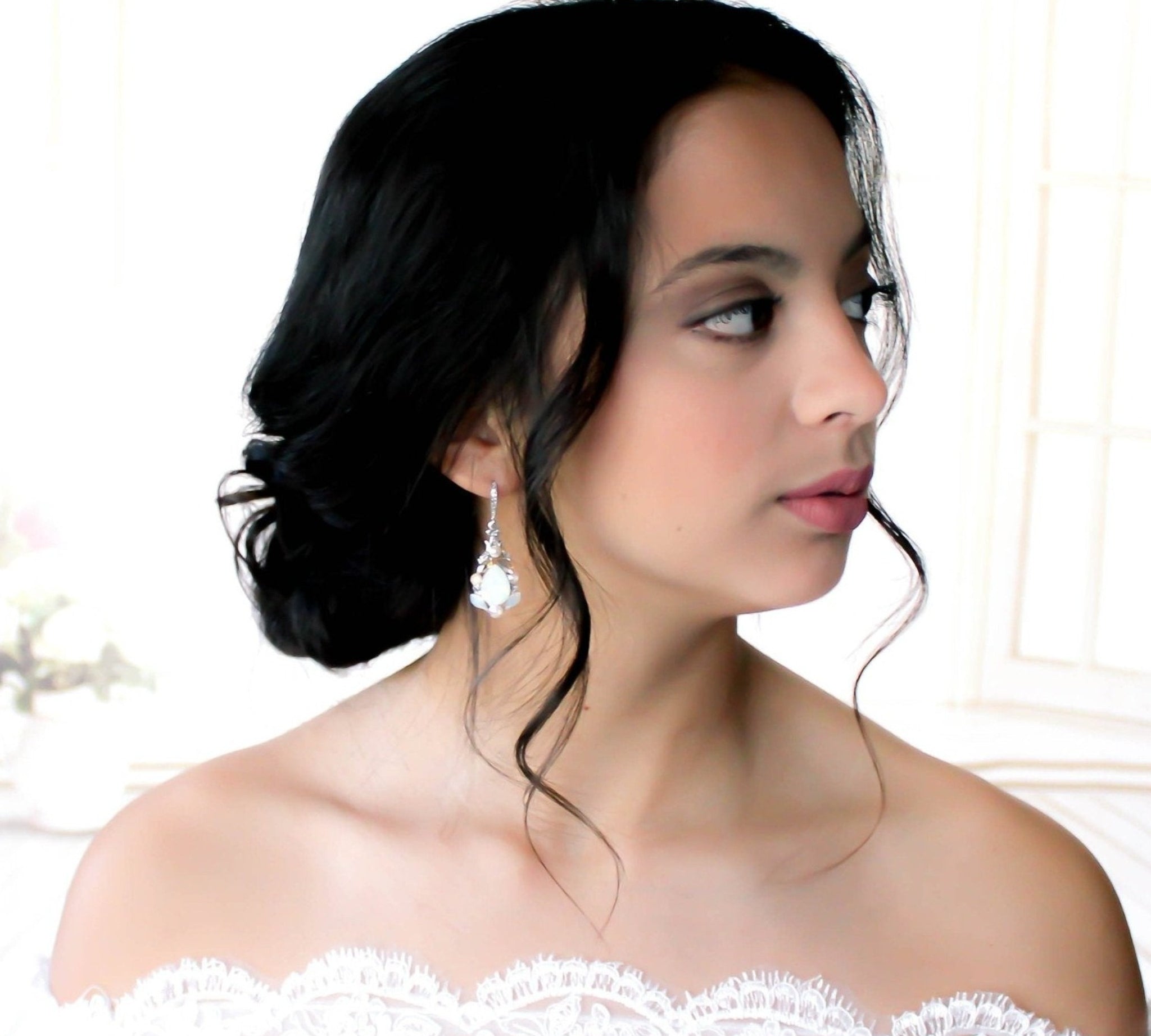 White opal Teardrop Bridal earrings - KARISSA - Treasures by Agnes